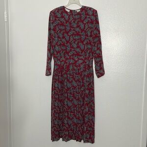 Vintage Talbots Dress Red Grey Paisley Pleated Skirt Button Back Size 16